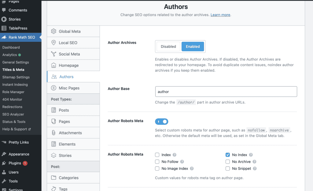 Screenshot of a WordPress dashboard in the Rank Math area. It shows the sidebar set to Titles & Meta under "Rank Math". Then on the "Authors" subsection showing the Author Archives (set to Enabled), the Author Base ("author"), and Author Robots Meta (enabled). 